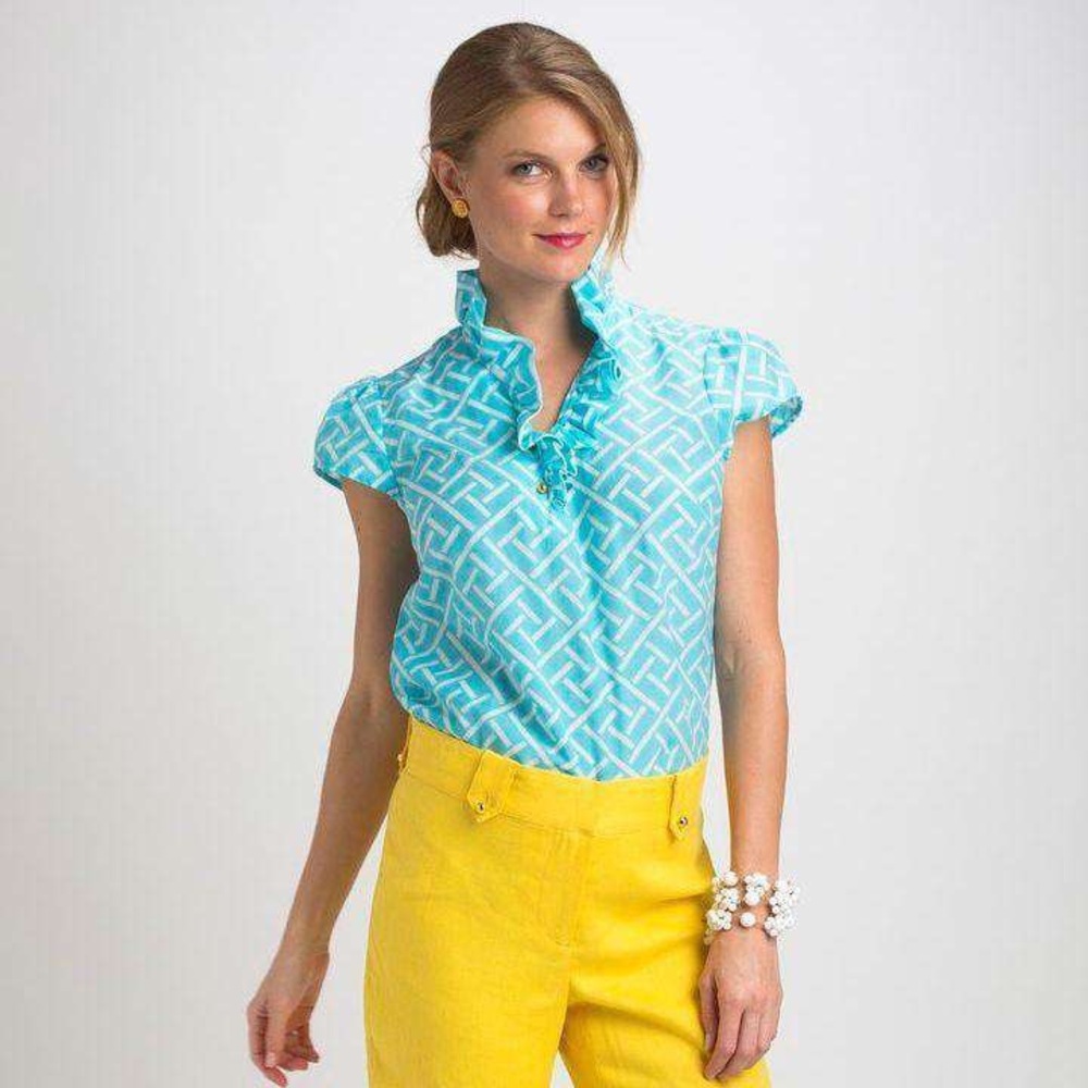 Elizabeth McKay 100% Silk Elizabeth Ruffled Blouse in Eden Turquoise, size 6